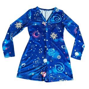 SHEIN Blue Celestial Galaxy Print Long Sleeve Button Front Stretch Romper